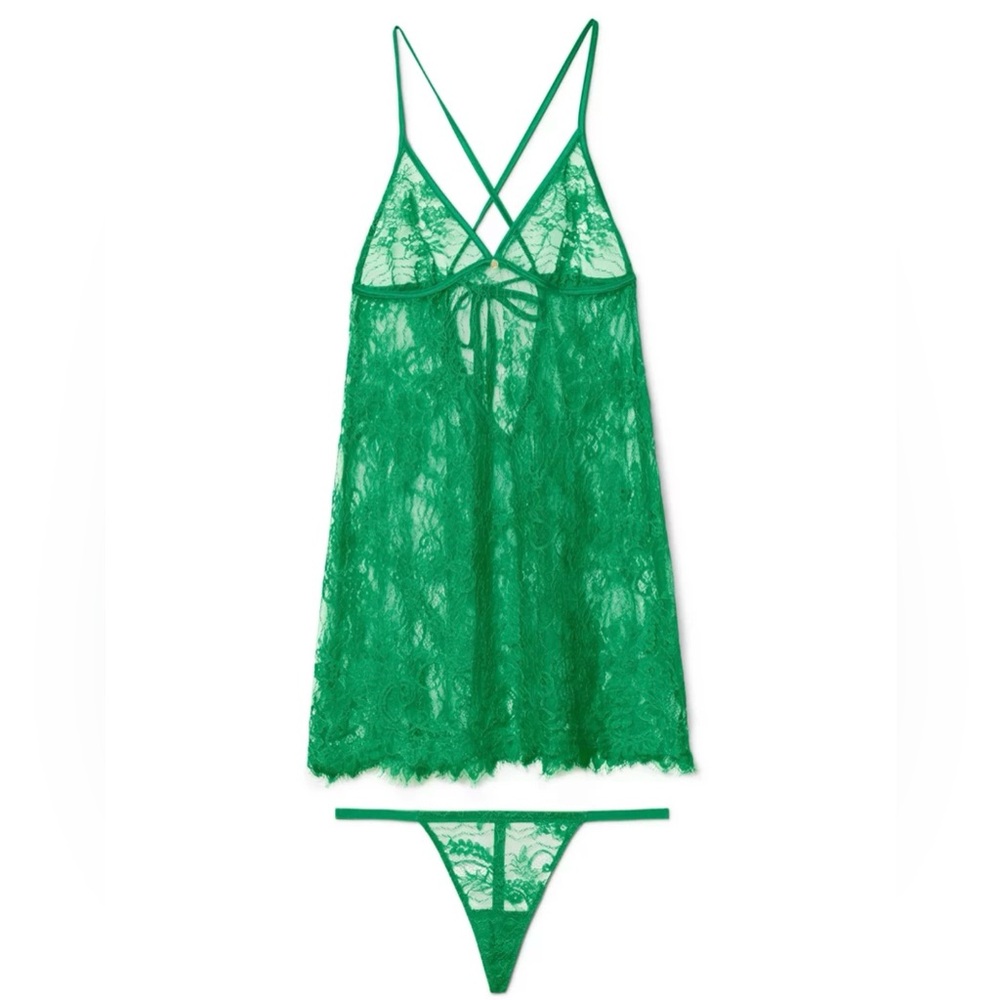 🍀 NWT - Adore Me - Green Lace Unlined Babydoll Lingerie Size Medium 🍀